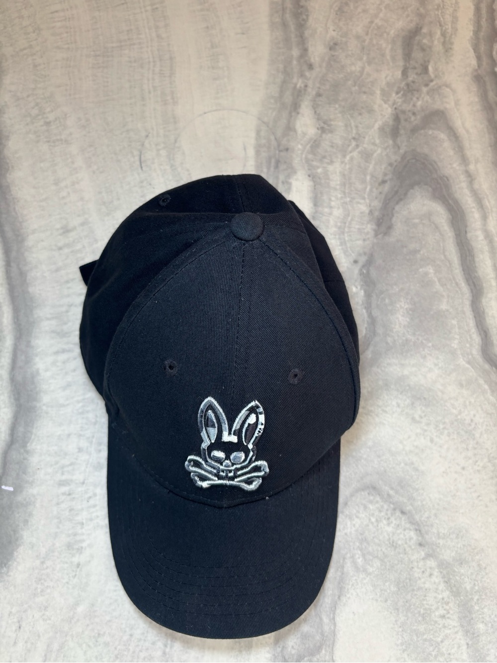 Psycho Bunny Black Cap with White Bunny Skull Logo